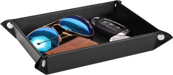 Luxspire Valet tray, PU Leather Tray, Catchall Tray, Men Women Jewelry Key Tray, Desk Storage Plate for Key Coin Phone Jewelry Wallet, Medium Size - Black