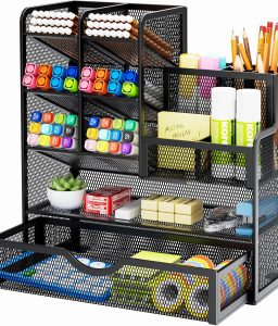 Marbrasse Mesh Pen Holder for Desk, Multi-Functional Pencil Organizer with Drawer, Desk Organizers and Accessories for Office Art Supplies (Black)