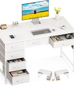 ODK Computer Desk with 6 Drawers, 40 Inch Small Desk with Storage, Reversible Desk with Headphone Hook for Home Office, Work Study Table for Bedroom, White