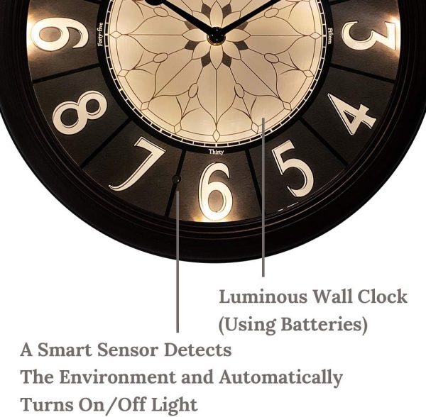 Presentime & Co. 12.6" Illuminated Farmhouse Wall Clock, Silent Battery Operated Night Light Wall Clock with Smart LED Sensor for Living Room, Bathroom, Kitchen, Home Office, Oil Rubbed Bronze Finish - Image 3