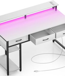 Rolanstar Computer Desk with Power Outlets & LED Light, 47 inch Home Office Desk with Drawers and Storage Shelves, Writing Desk with Monitor Stand, Modern Work Study Desk for Home Office, White